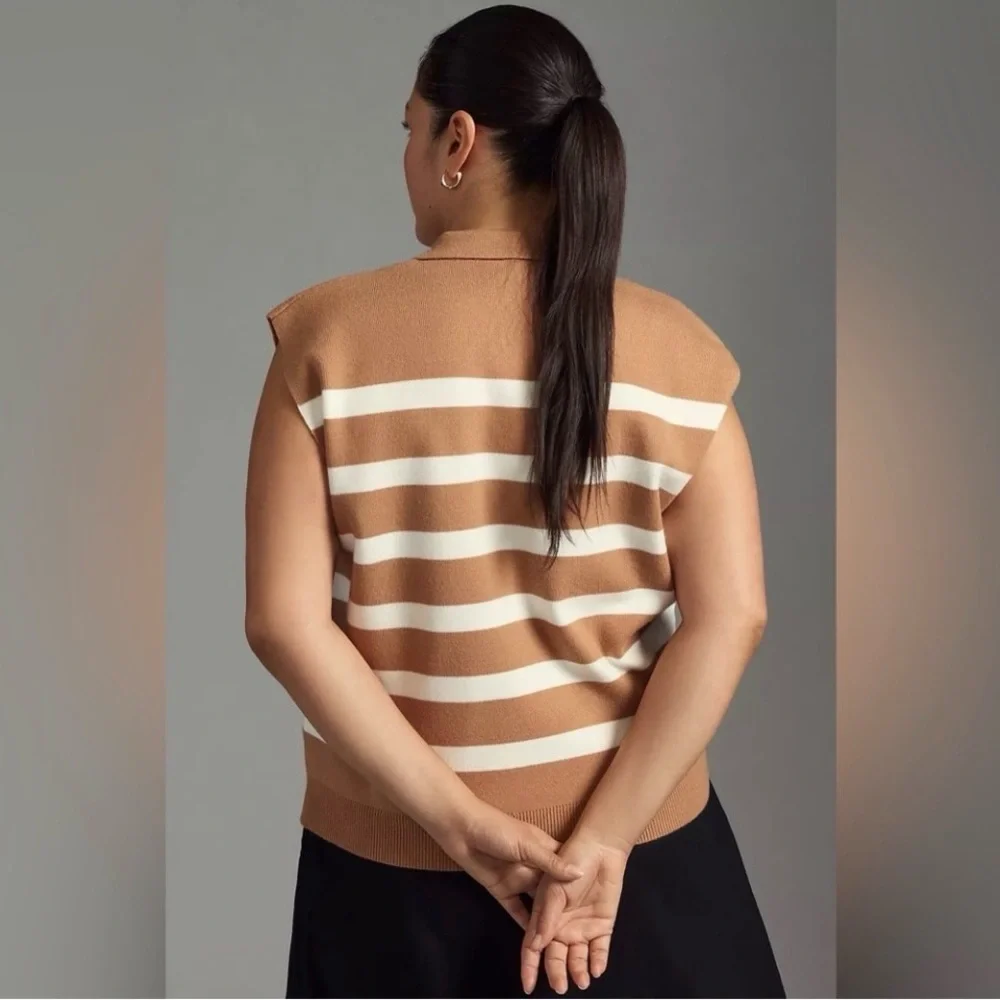 Maeve Anthropologie Stripe Collard Sleeveless Sweater Vest Camel White Size XL
